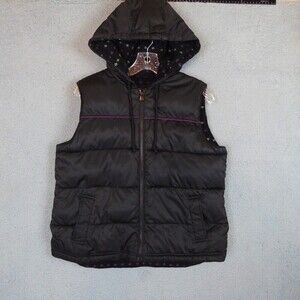 Old Navy Vest Womens Large Black Lambs Wool Angora Floral Lining Hooded Puffer